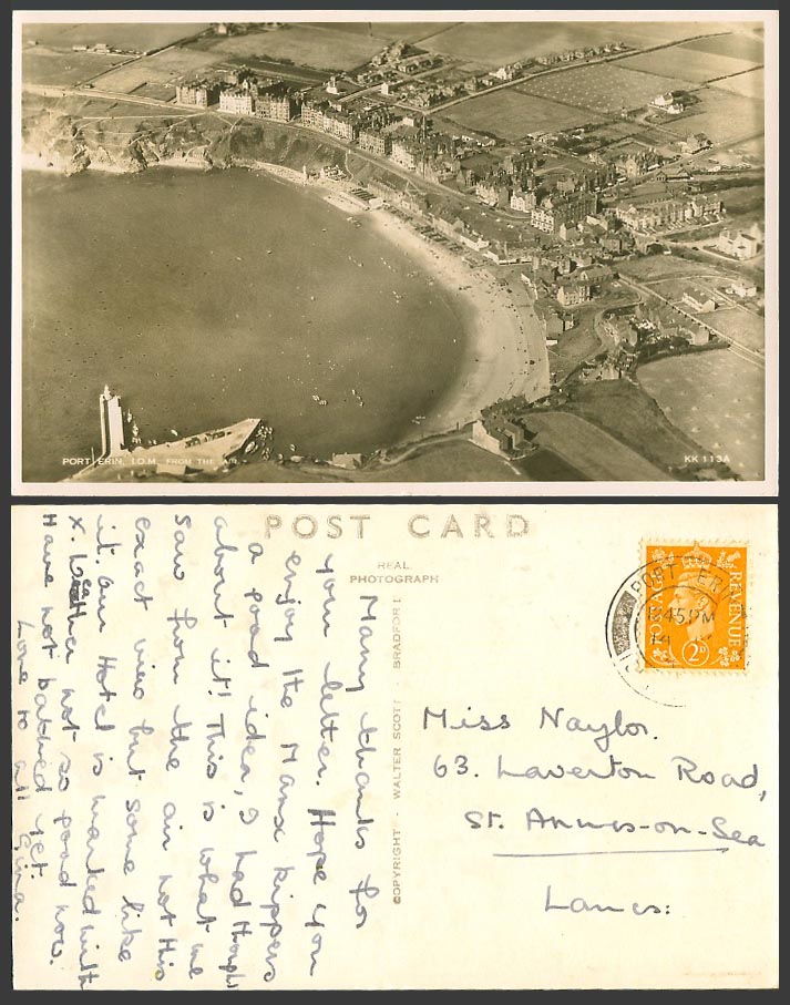 Isle of Man c.1940 Old Real Photo Postcard Port Erin, Beach Panorama Aerial View