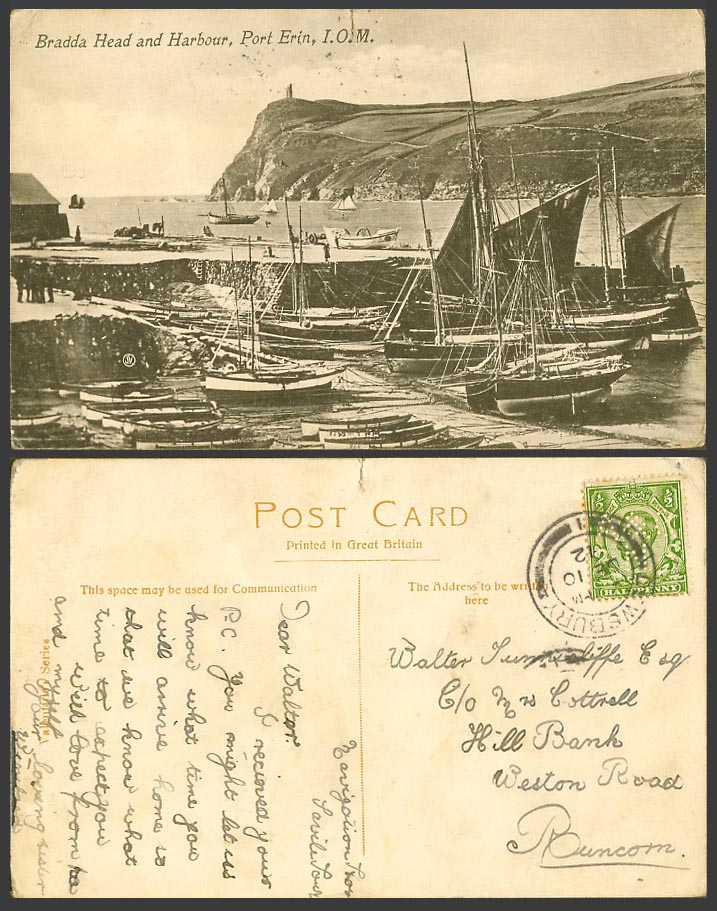 Isle of Man KG5 1/2d Perfin 1912 Old Postcard Port Erin Harbour Bradda Head Boat