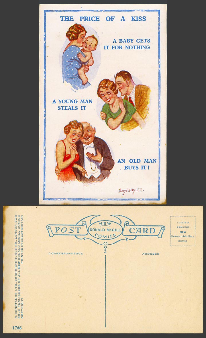 Donald McGill Old Postcard Price of Kiss Baby Gets for Nothing Man Steals N.1766