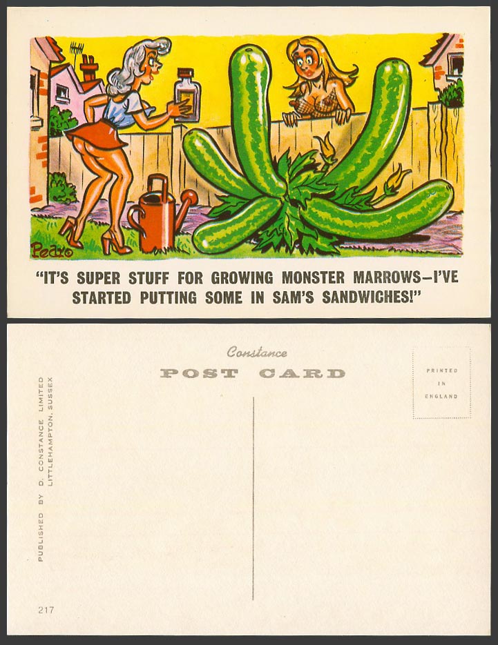 Pedro Saucy Old Postcard Super Stuff for Growing Monster Marrows Put in Sandwich