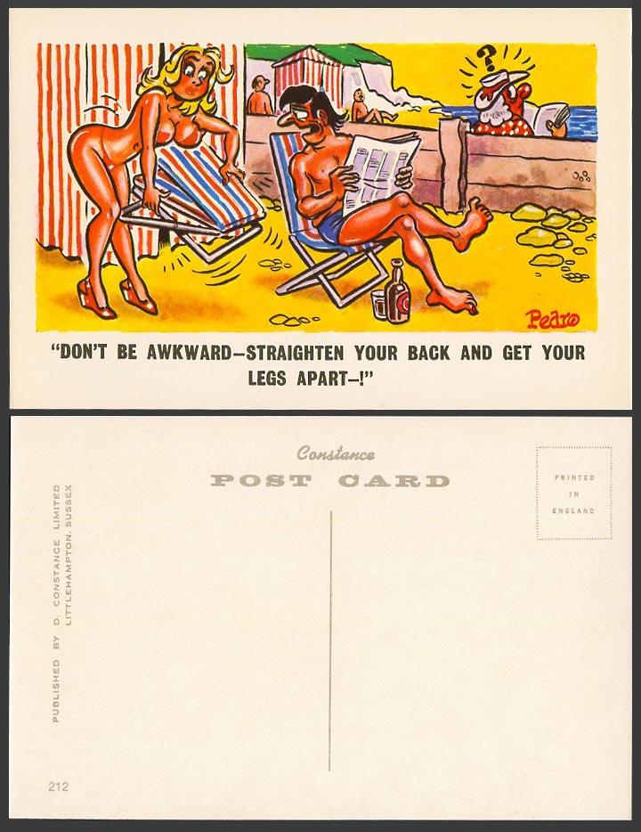 Pedro Saucy Old Postcard Don't Be awkward Straighten your back & get legs apart!