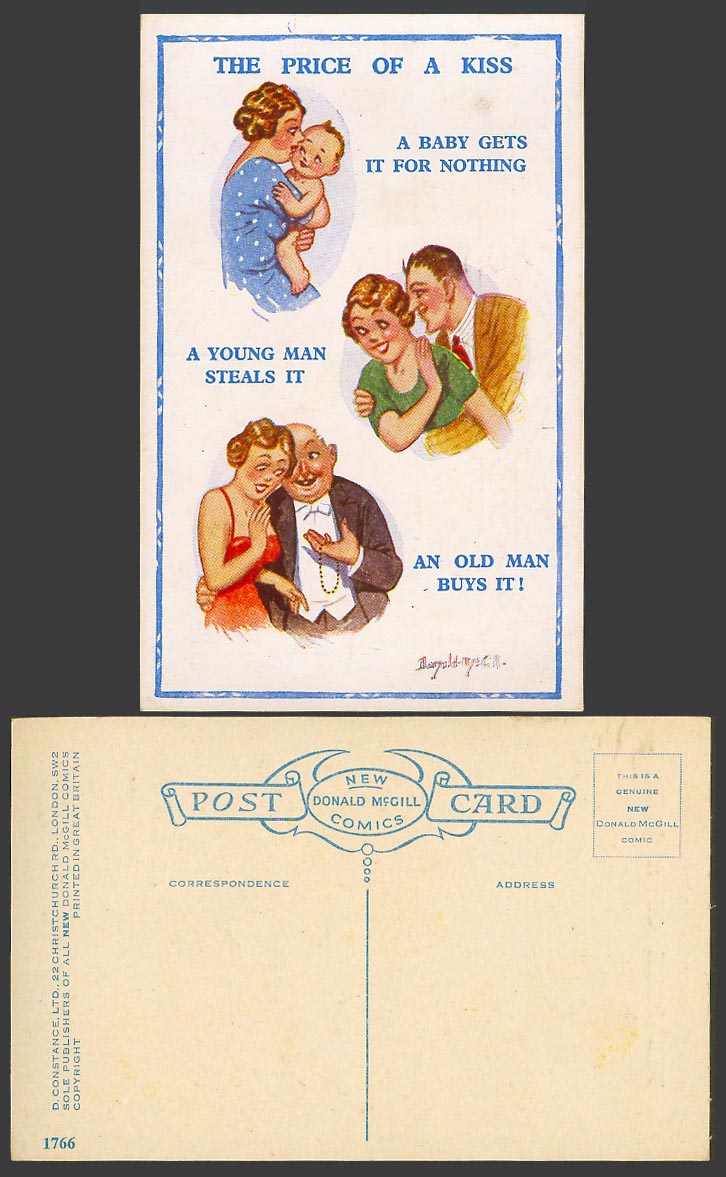 Donald McGill Old Postcard Price of a Kiss Baby Get for Nothing Man Steal N.1766