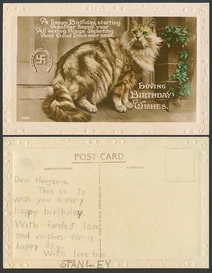 Cat Kitten Loving Birthday Wishes Greetings Horseshoe Old Embossed R.P. Postcard