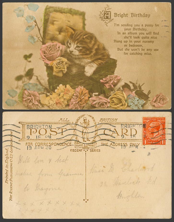 Cat Kitten Roses Rose Flowers Pet, A Bright Birthday Greetings 1920 Old Postcard