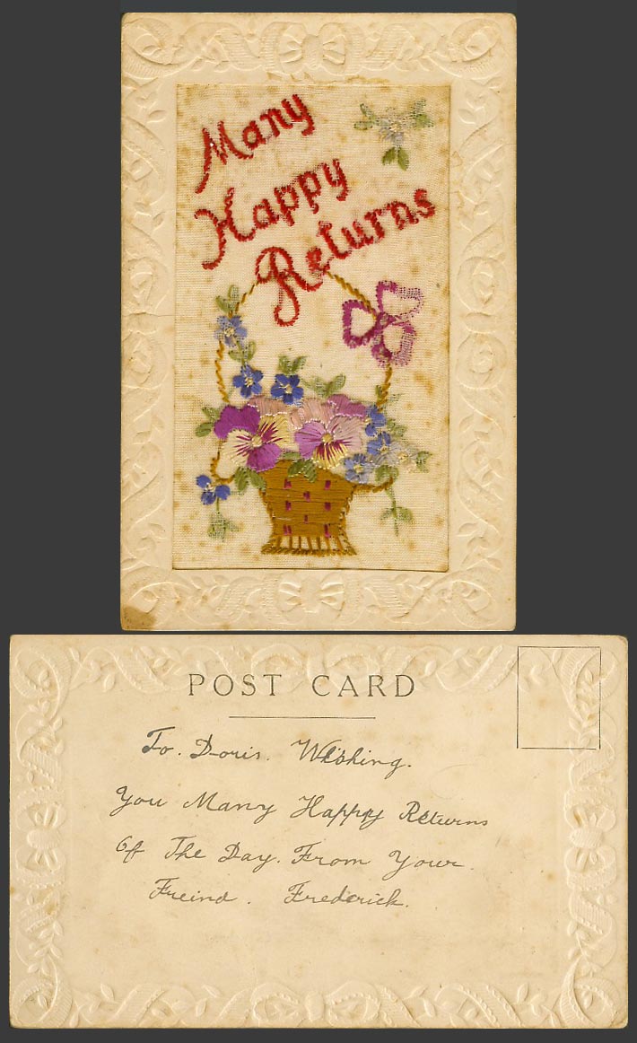 WW1 SILK Embroidered Old UB Postcard Many Happy Returns Flowers in Flower Basket
