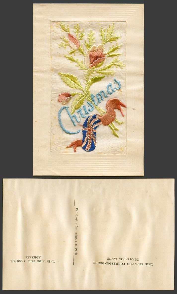 WW1 SILK Embroidered Old Postcard Christmas Xmas, Flowers, British Flag, Novelty