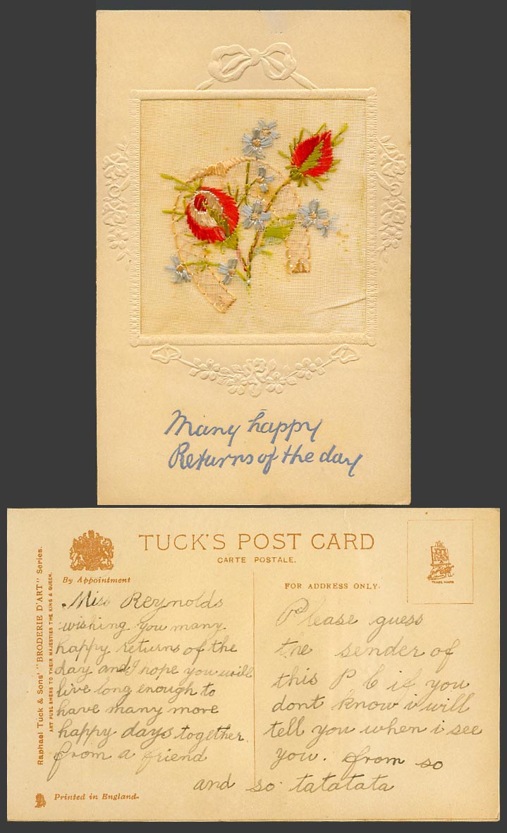 WW1 SILK Embroidered Old Tuck's Postcard Many Happy Returns of The Day Horseshoe