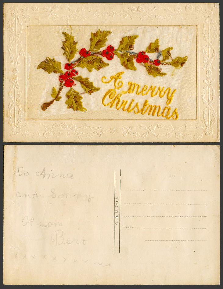 WW1 SILK Embroidered Old Postcard Merry Christmas, Holly, Xmas Novelty Greetings