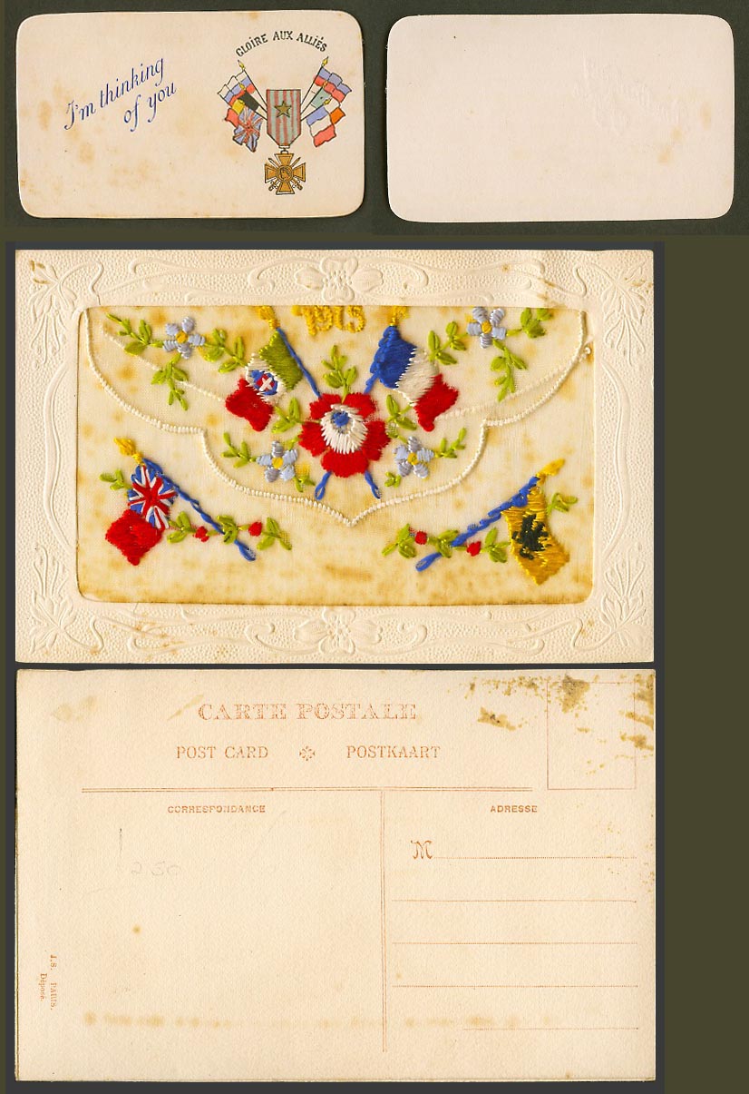 WW1 SILK Embroidered 1915 Old Postcard I'm Thinking of You Gloire Allies, Wallet