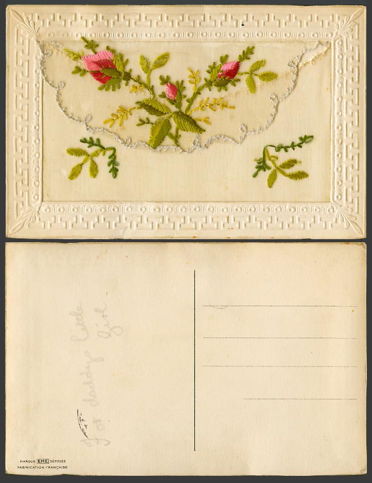 WW1 SILK Embroidered French Old Embossed Postcard Flowers, Empty Wallet, Novelty