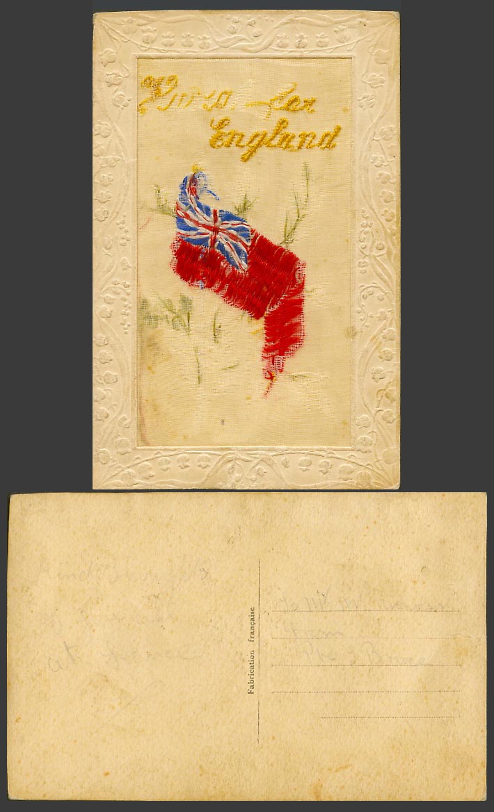 WW1 SILK Embroidered French Old Postcard Hurrah for England, Flag Novelty France