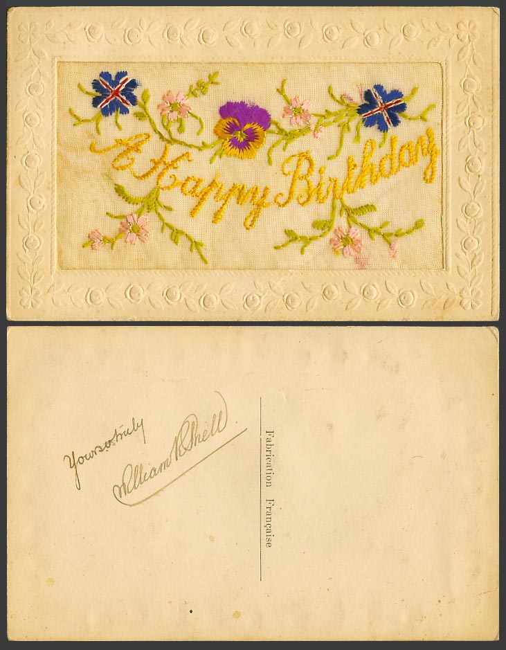 WW1 SILK Embroidered Old Postcard A Happy Birthday Pansy Flower Flowers, Novelty