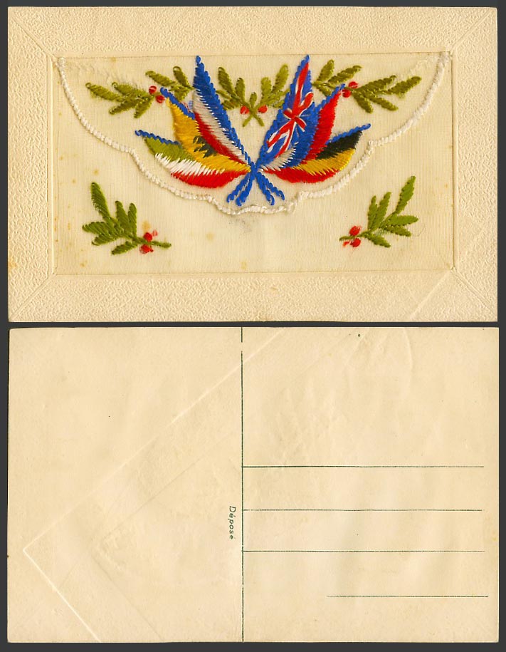 WW1 SILK Embroidered French Old Postcard Flag Flags, Holly, Empty Wallet, France