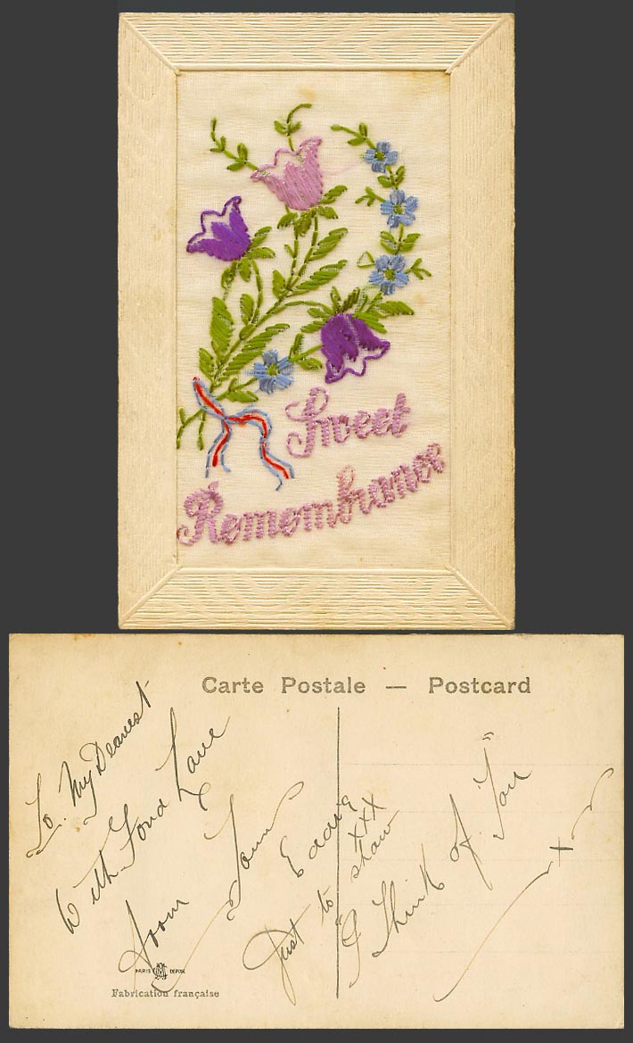 WW1 SILK Embroidered Old Postcard Sweet Remembrance Purple Violet & Blue Flowers