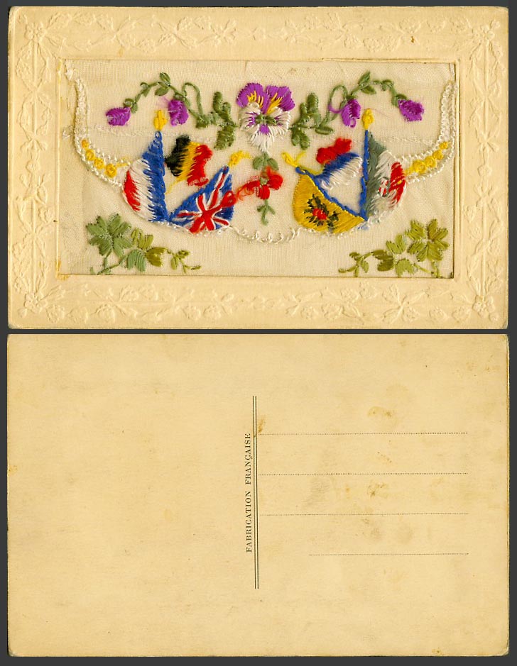 WW1 SILK Embroidered French Old Postcard Pansy Flowers & Flag Flags Empty Wallet