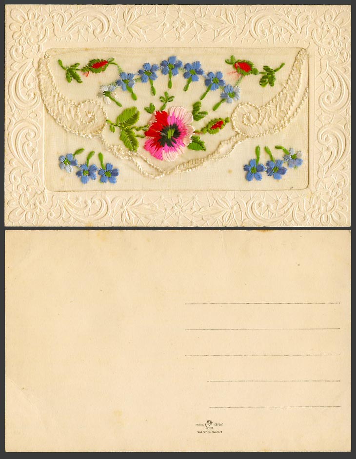 WW1 SILK Embroidered French Old Postcard Pansy Flowers Empty Wallet Paris Depose