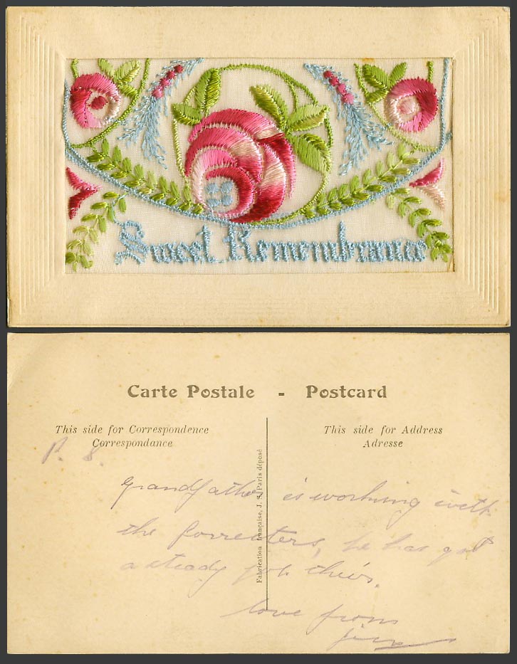 WW1 SILK Embroidered French Old Postcard Sweet Remembrance, Flowers Empty Wallet