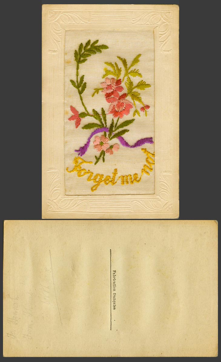 WW1 SILK Embroidered French Old Postcard Forget Me Not Flowers Novelty Greetings