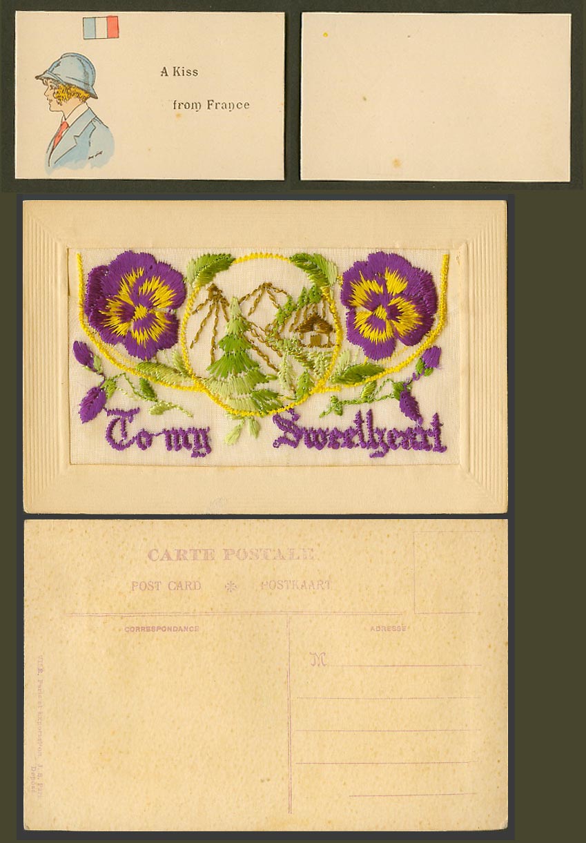 WW1 SILK Embroidered Old Postcard To My Dear Sweetheart Kiss from France, Wallet