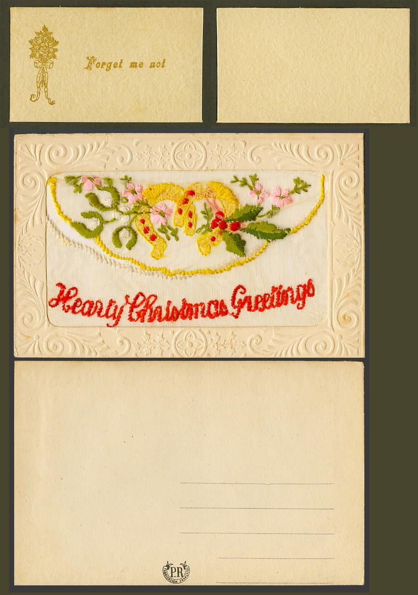 WW1 SILK Embroidered Old Postcard Hearty Christmas Greeting Forget Me Not Wallet