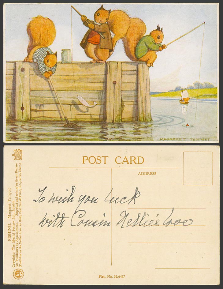 Margaret Tempest Old Postcard Squirrels Fish, Fishing Pole and Net, Sailing Boat