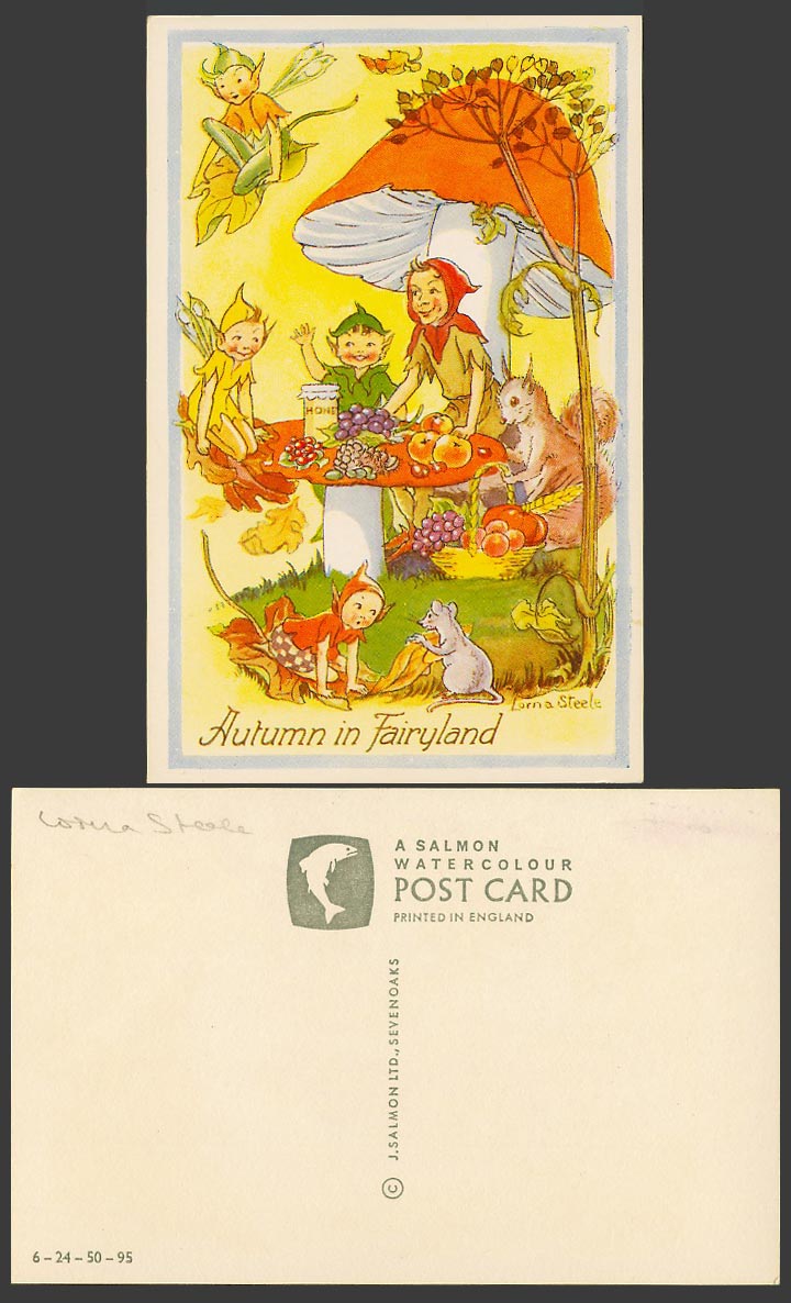 Lorna Steele Artist Signed Old Postcard Autumn in Fairyland Fairies Elves Fruits