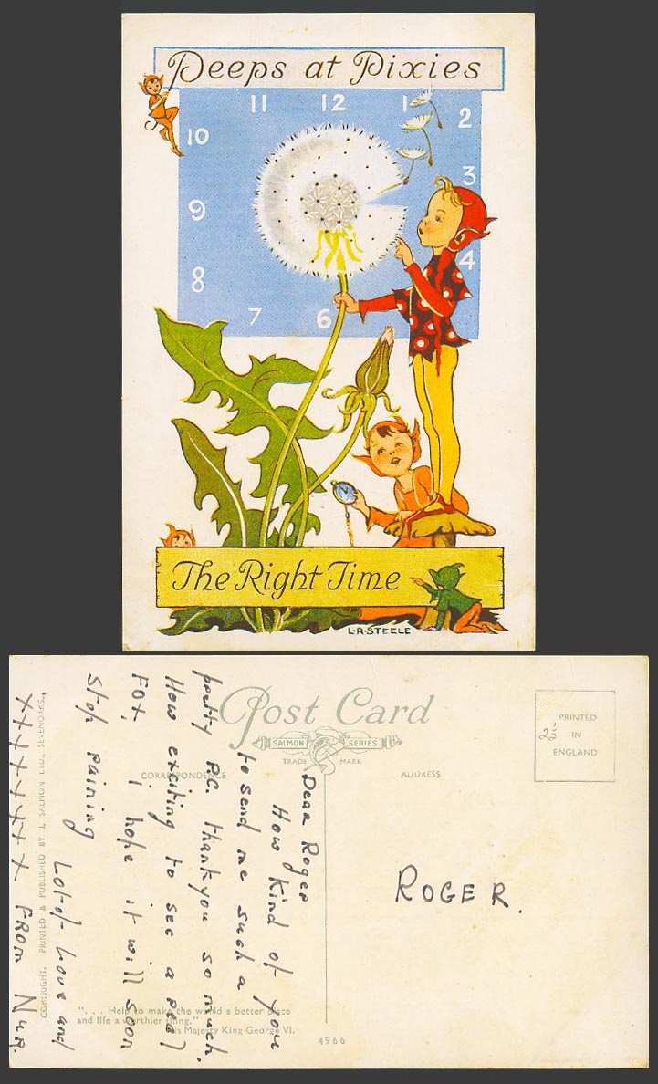 L.R. Steele Old Postcard Peeps at Pixies The Right Time Dandelion Elf Elves 4966