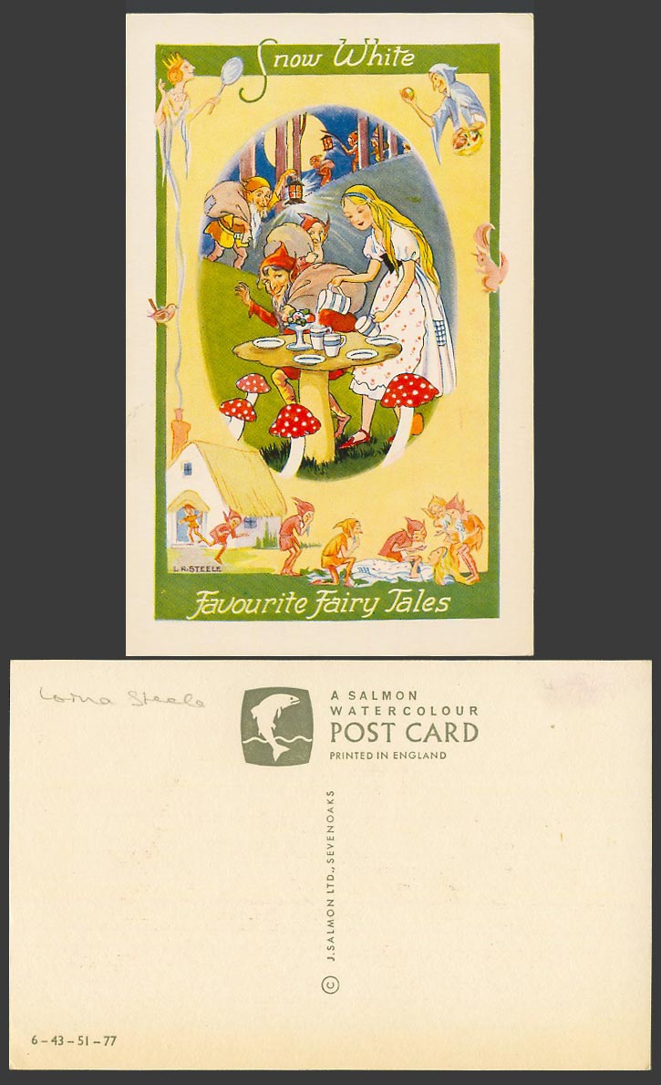 L.R. Steele Artist Signed Old Postcard Snow White, Favourite Fairy Tales Dwarves