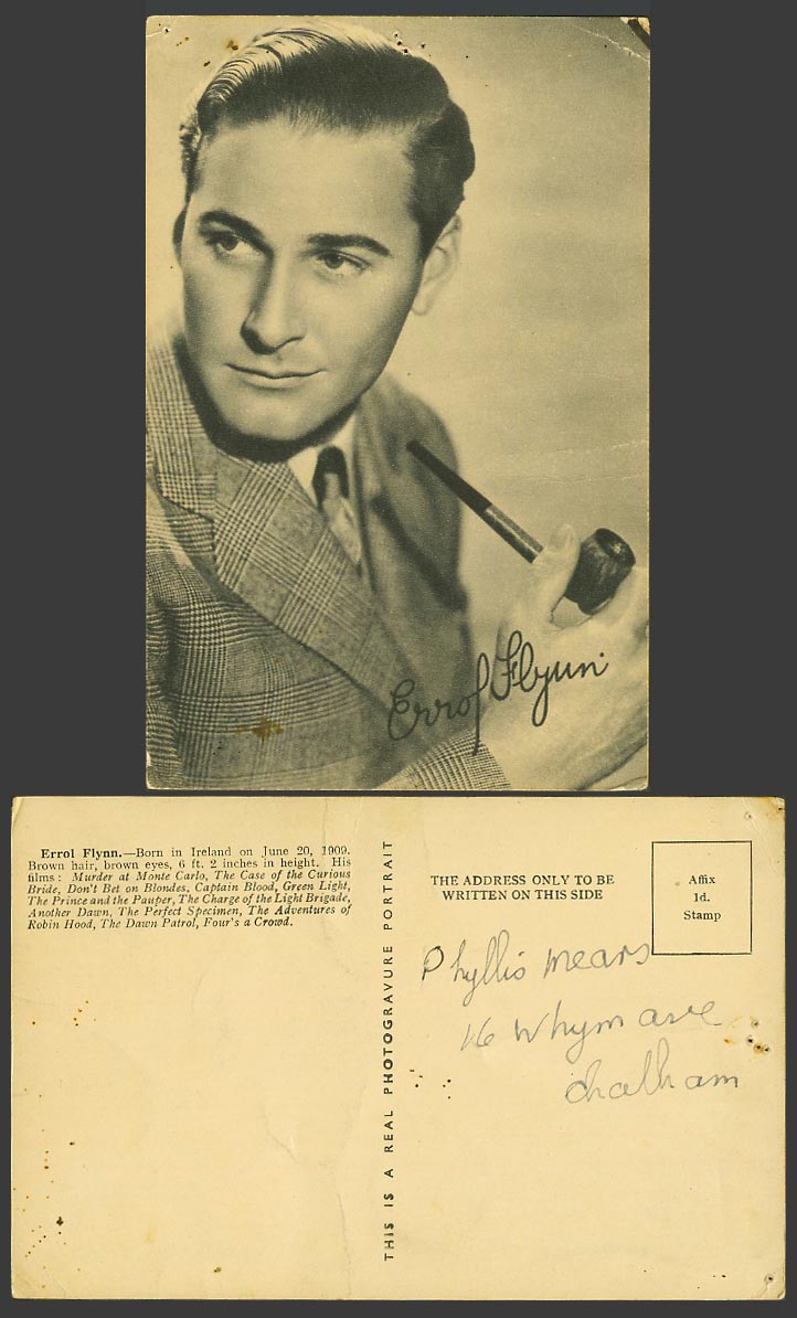 Irish Actor Errol Flynn Smoking Pipe Old Postcard Printed Signature Autograph