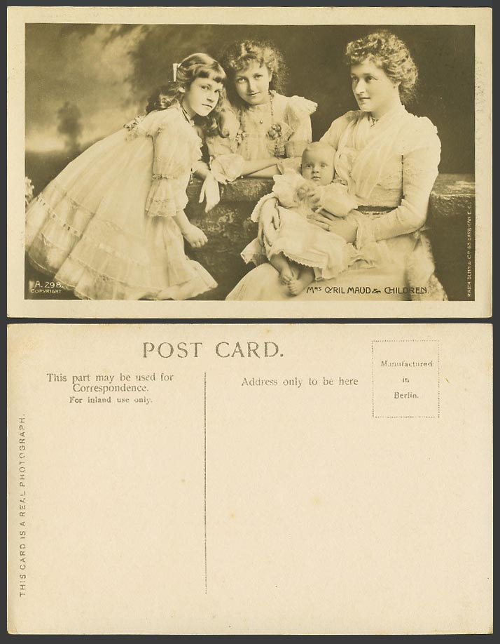 Actress Winifred Emery Mrs Cyril Maude & Children, Girls Old Real Photo Postcard