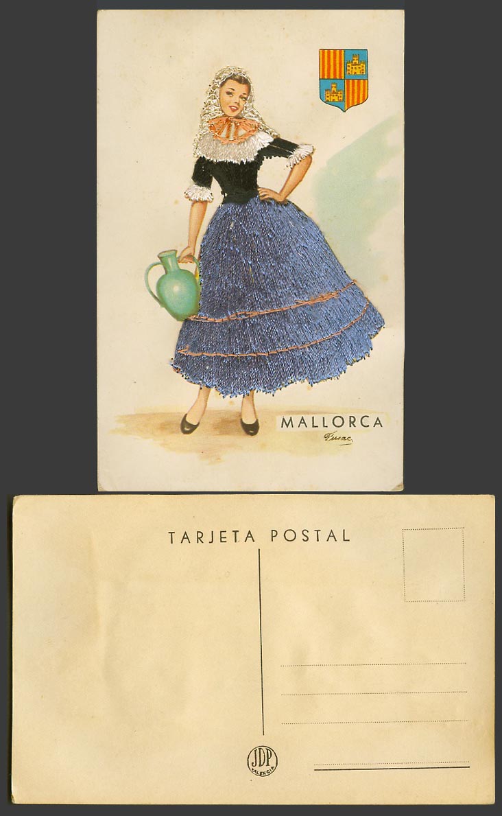 Spain Silk Embroidered Dress, Mallorca Woman Lady Girl with Pitcher Old Postcard