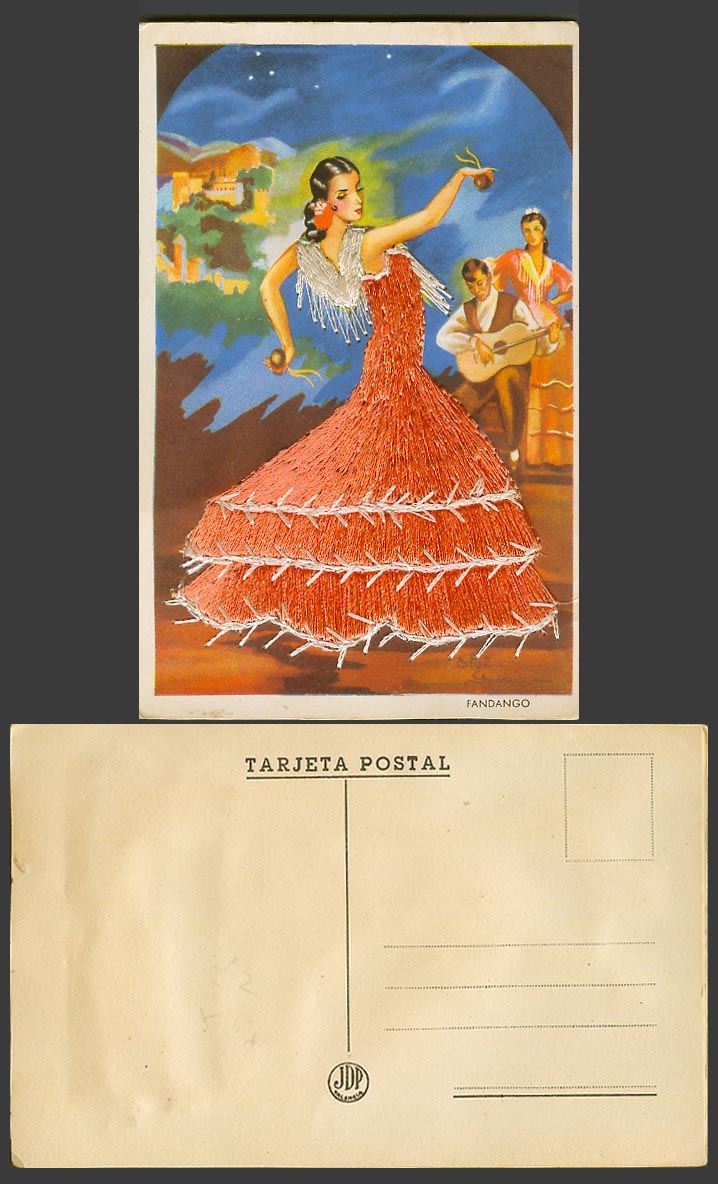 Spain Silk Embroidered Dress Fandango Dance Dancer Castanets Guitar Old Postcard