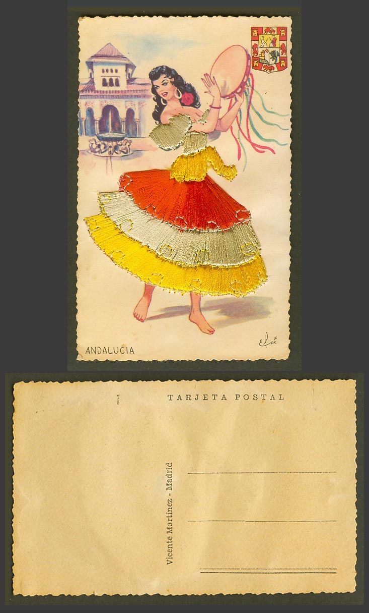 Spain Silk Embroidered Old Postcard Andalucia Dancer & Tambourine, Artist Signed