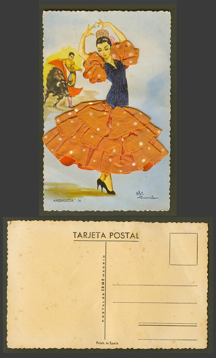 Spain Silk Embroidered Old Postcard Andalucia Dancer Woman Dancing - Bullfighter