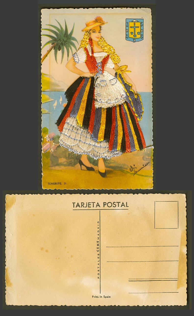 Spain Silk Embroidered Tenerife, Woman Lady Costumes, Artist Signed Old Postcard