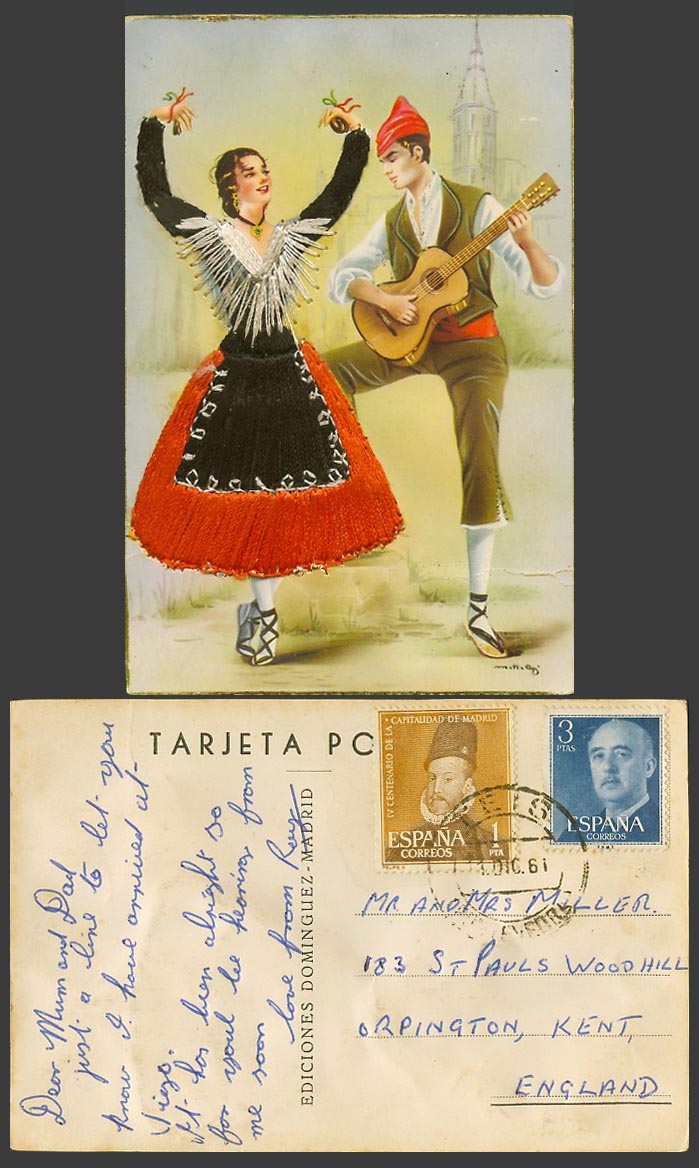 Spain Silk Embroidered Costumes, Flamenco Dancer Guitar Player 1961 Old Postcard