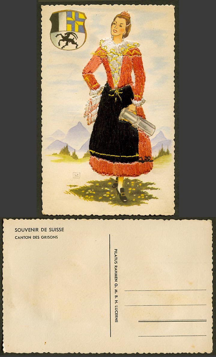 Switzerland Silk Embroidered Dress Canton des Grisons Lady Milk Jug Old Postcard