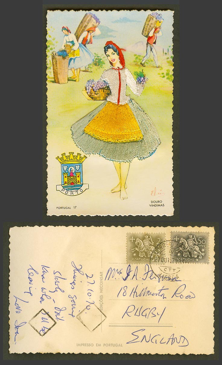Portugal SILK Embroidered Dress Woman, Douro Vindimas Grapes, Porto Old Postcard