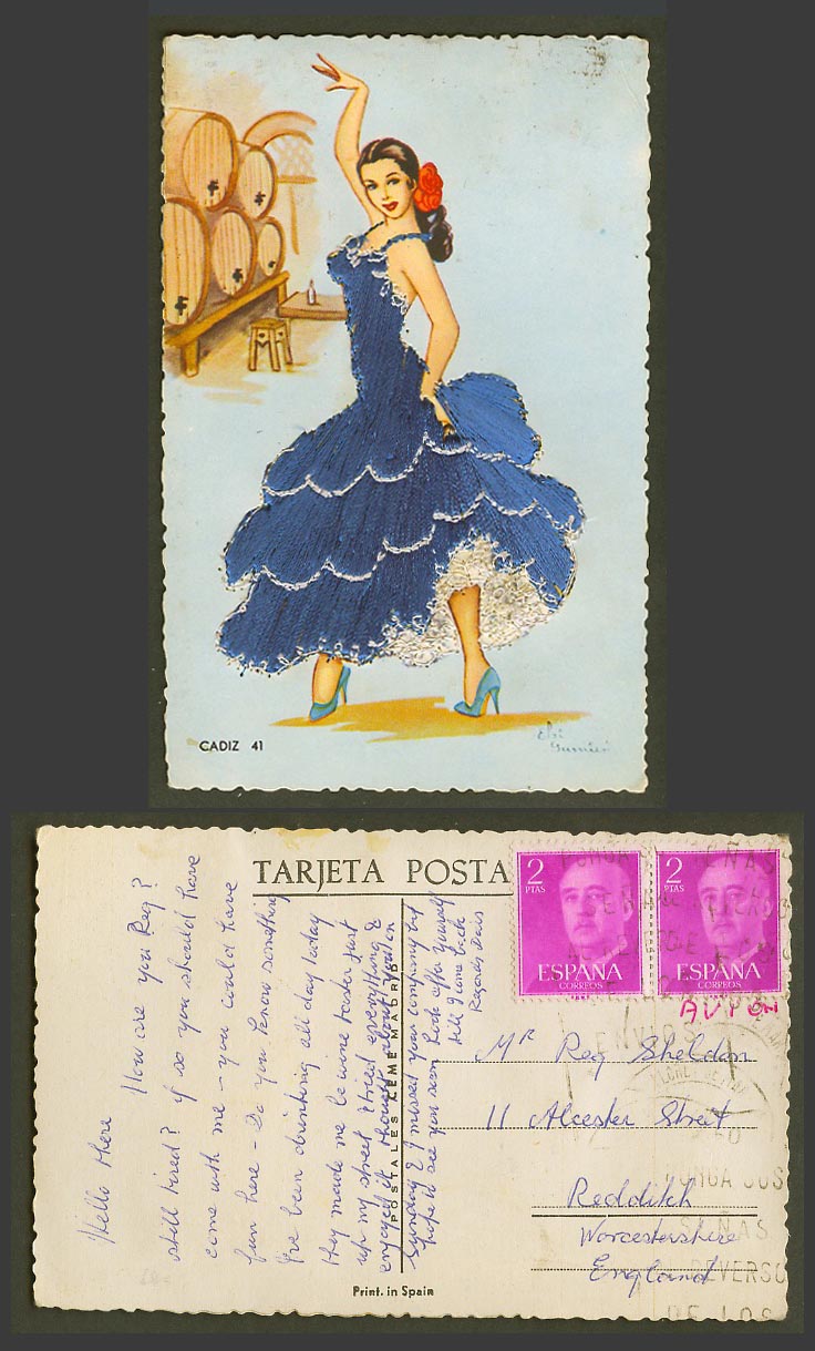Spain Silk Embroidered Dress Cadiz, Flamenco Dancer Woman Lady Girl Old Postcard