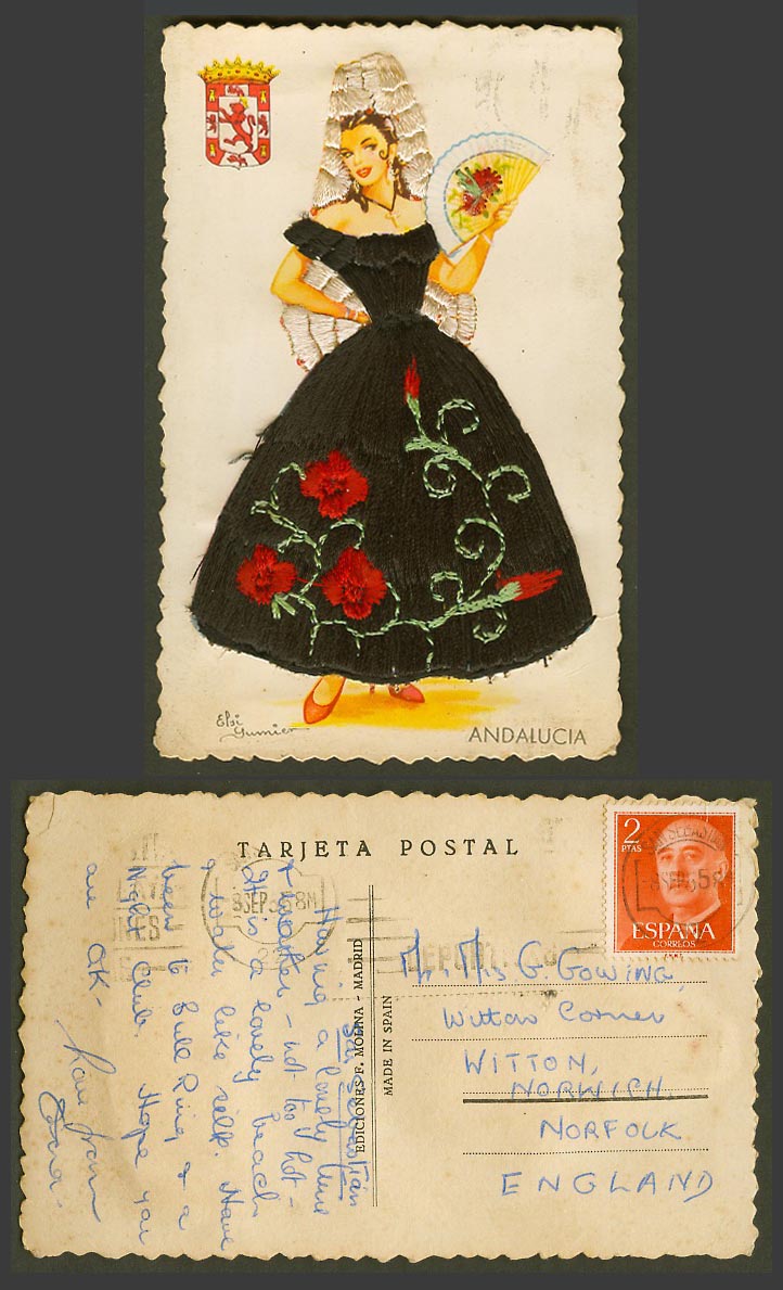 Spain Silk Embroidered Dress, Woman Dancer with Fan, Andalucia 1955 Old Postcard