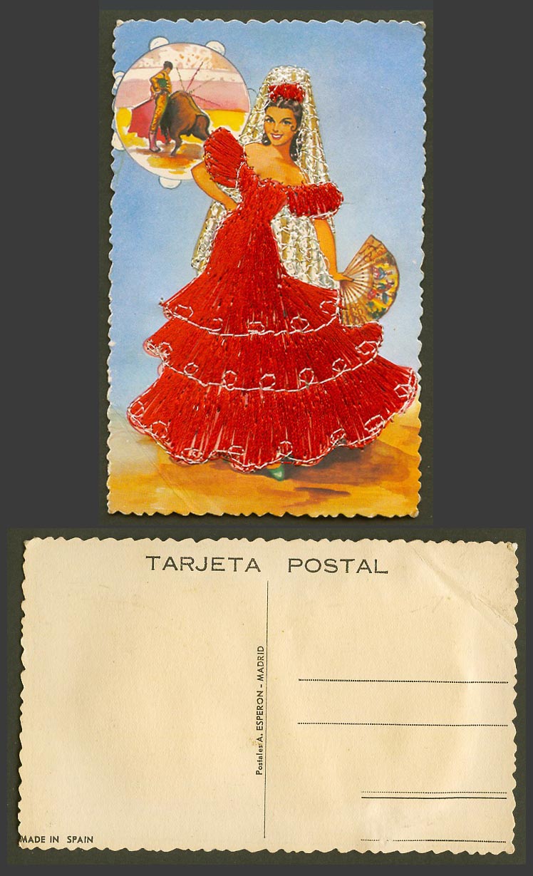 Spain Silk Embroidered Dress Dancer Woman with Fan Bullfighter Bull Old Postcard