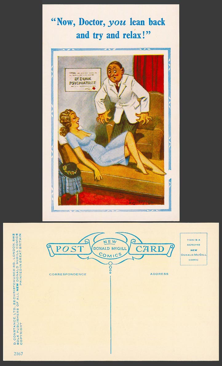 Donald McGill Old Postcard Doctor Dunk Psychiatrist You Lean Back Try Relax 2167