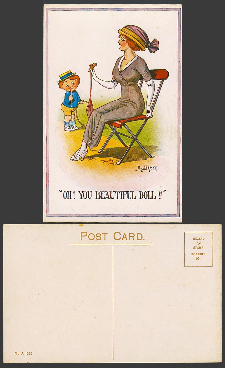 Donald McGill Old Postcard Oh! You Beautiful Doll! Boy, Glamour Lady Woman A1529