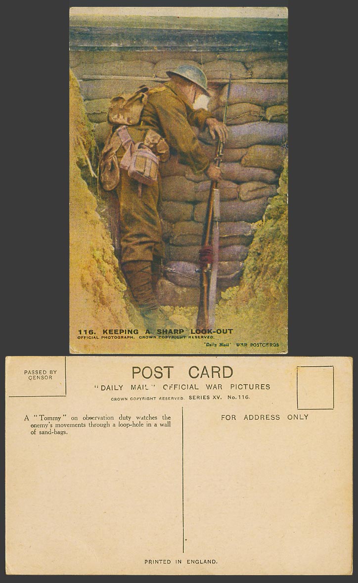 WW1 Daily Mail Old Postcard Tommy Keeping a Sharp Look-Out Observation Duty, Gun