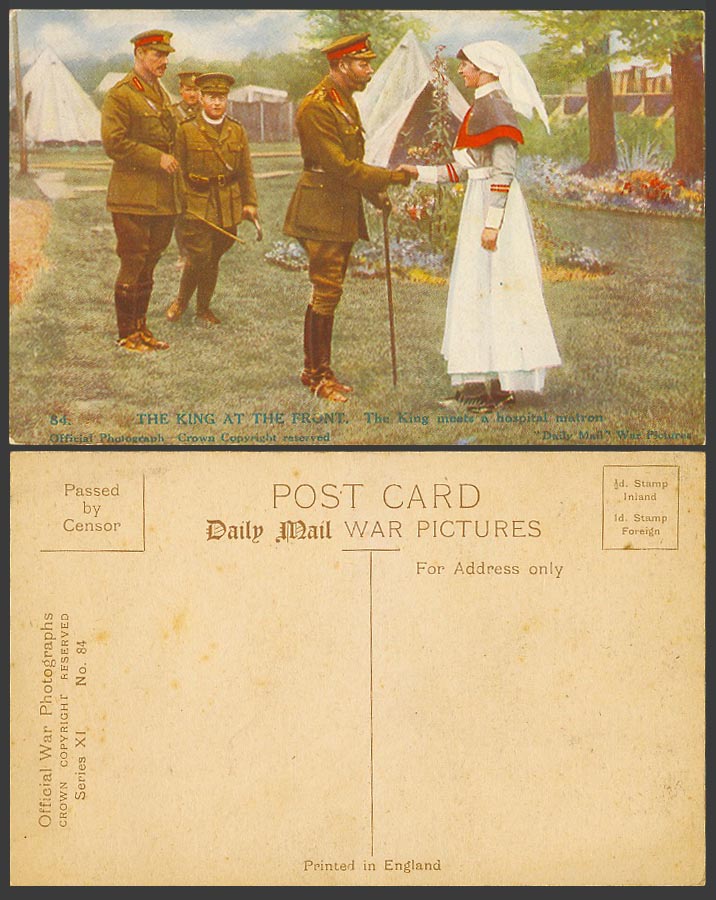 WW1 Daily Mail Old Postcard KING GEORGE 5th at FRONT Meets Hospital Matron Nurse
