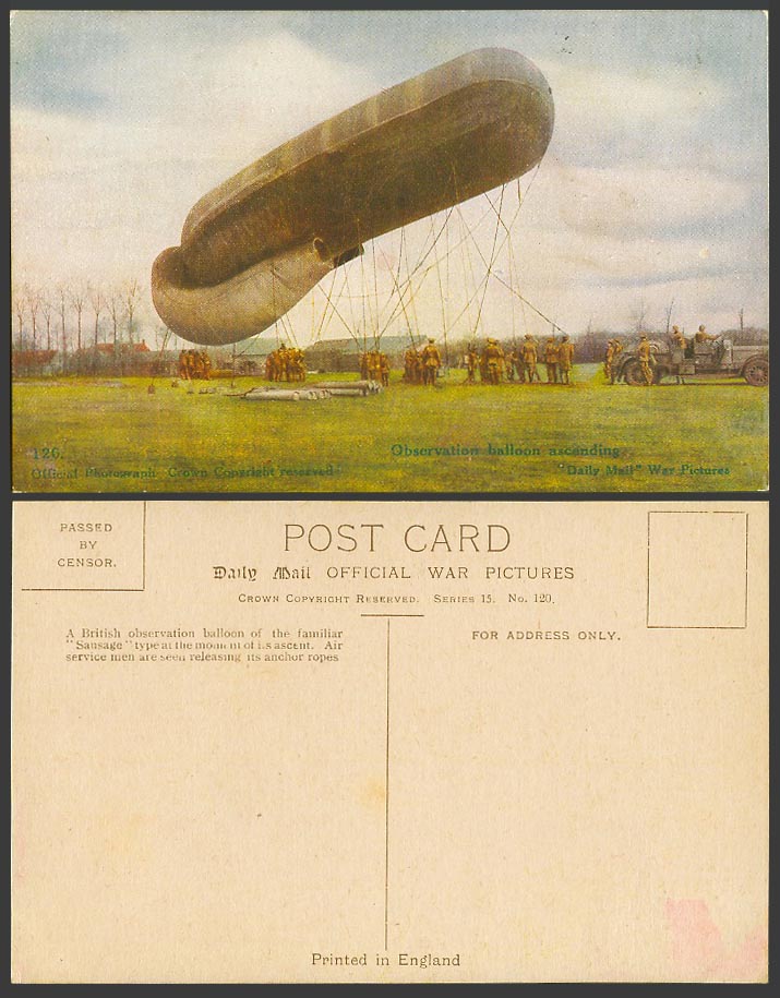 WW1 Daily Mail Old Postcard British Observation BALLOON Ascends, Air Service Men