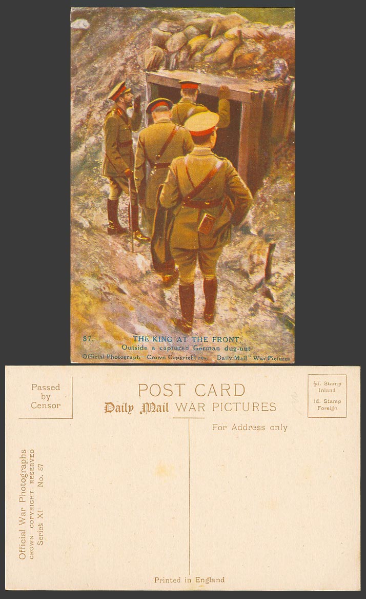 WW1 Daily Mail Old Postcard The King at Front, Outside a Captured German Dug-Out