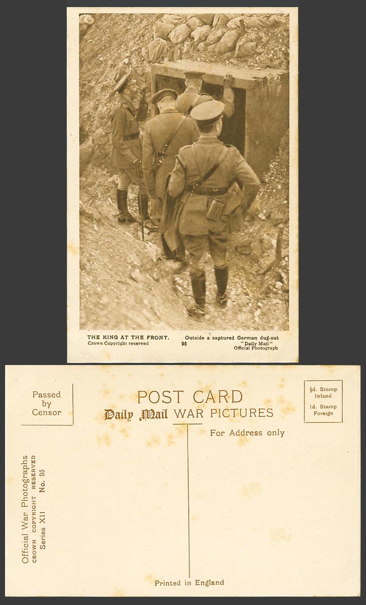 WW1 Daily Mail Old Postcard King George 5th at The Front Captured German Dug-Out