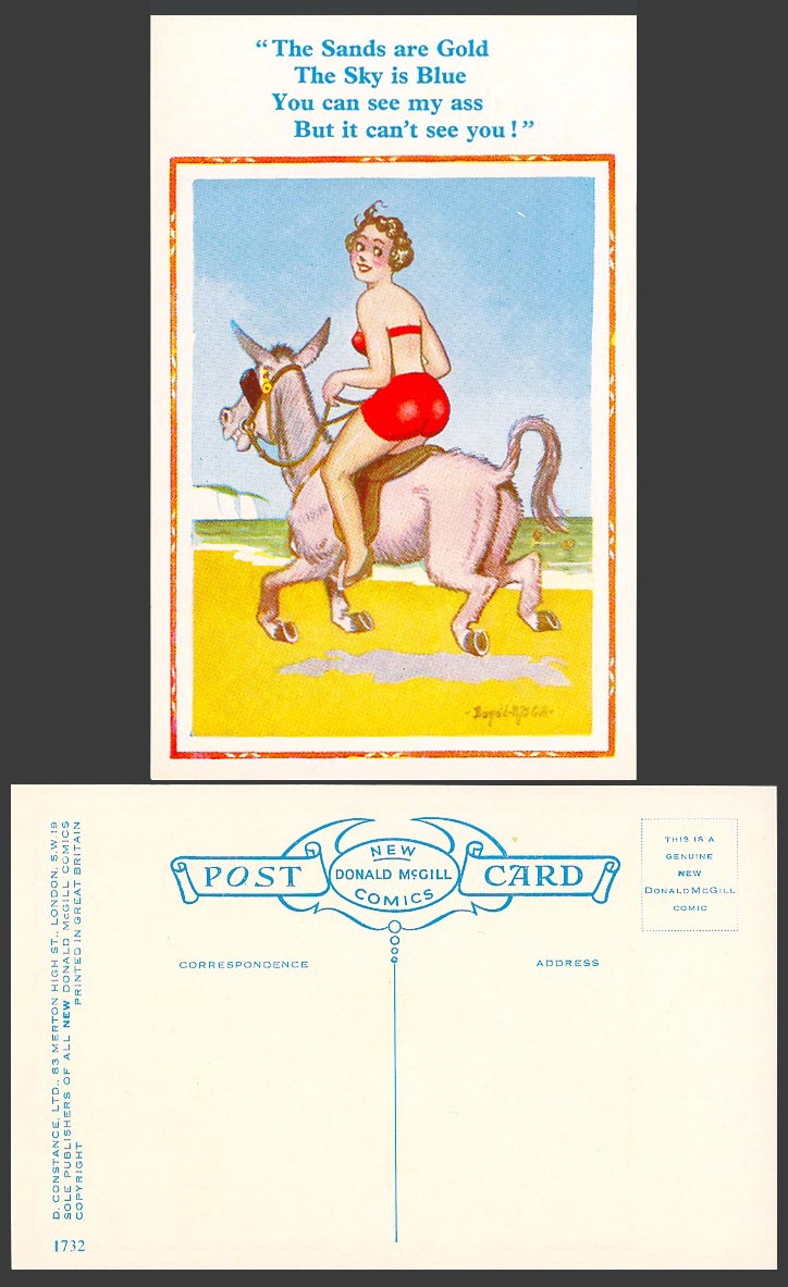 Donald McGill Old Postcard Donkey Sands Gold Sky Blue See My Ass Cant See U 1732