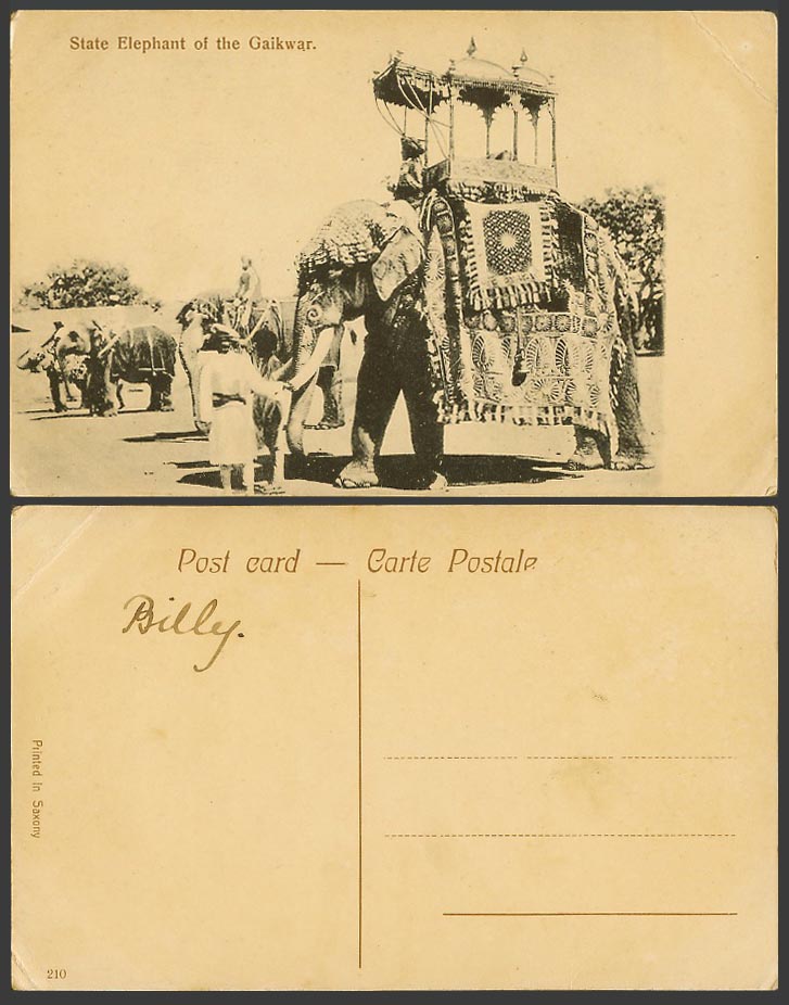 India Old Postcard State Elephant of GAIKWAR Chair Elephants Ethnic Life No. 210